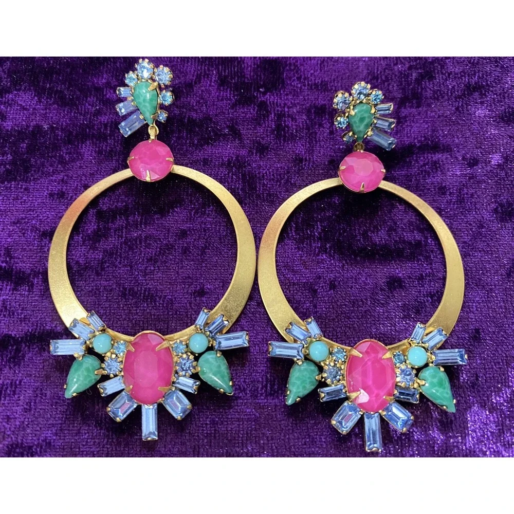 Elizabeth‎ Cole Pink Crystal Drop Dangle Earrings Speckled Cabs Hoops Post Glam - Picture 6 of 9